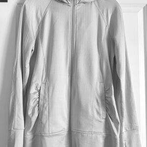 Long Light Gray Hooded Women's Jacket - Casual Zip Front